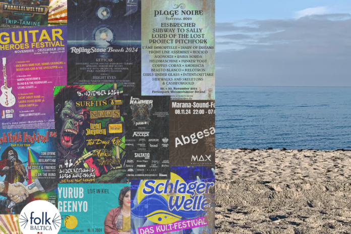 Fotomontage mit Festivalplakate der Novemberfestivals im Land vor der Kulisse Weißenhäuser Strand.